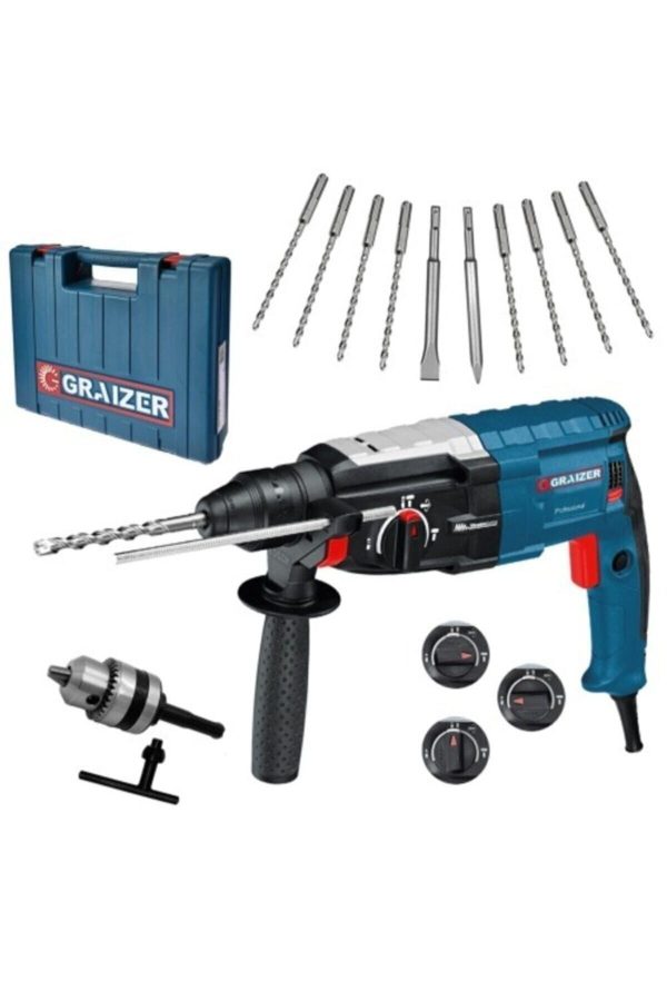 Graizer Alman 3000 Watt Kırıcı Delici Metal Dişli Şanzuman Hilti Darbeli Matkap + 10 Uç Hediyeli Gri - Görsel 2