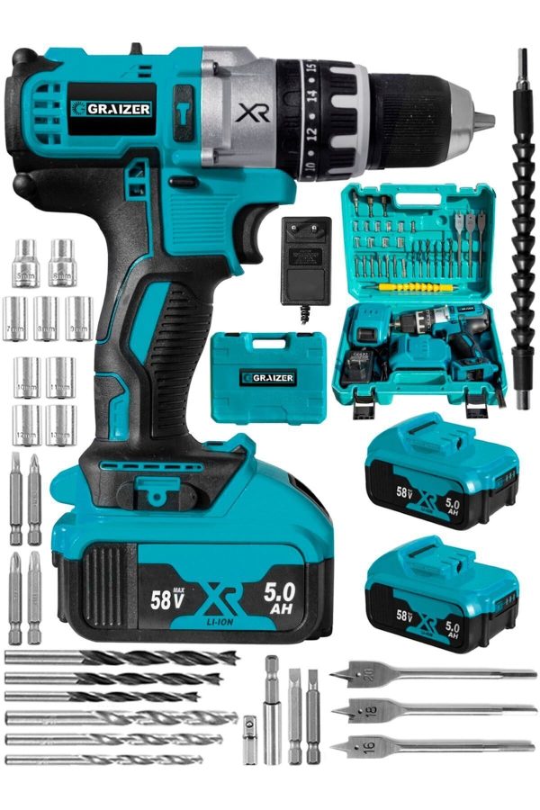 Graizer Alman Max 58 V 5 Ah Darbeli Bakir Sargili Çift Akülü Vidalama Çelik Şanzuman Şarjlı Matkap. - Görsel 2