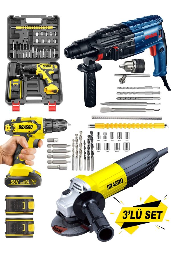 DRAGRO Alman Pro 3 Lü Set 3000 W Taşlama-4200 W Kırıcı Delici Hilti-58 V Setli Şarjlı Matkap