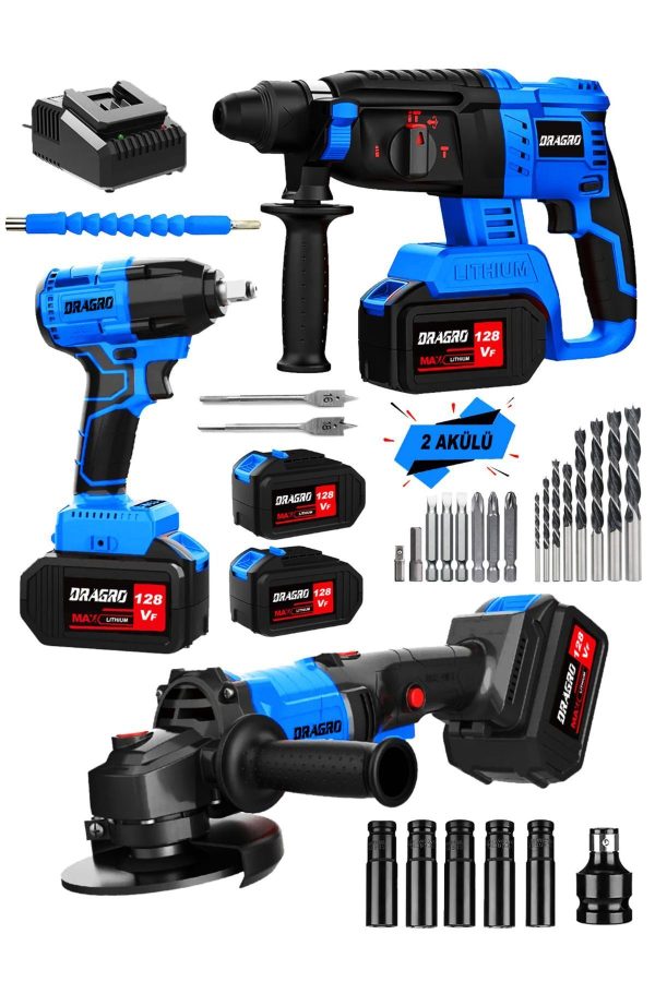 DRAGRO Alman 3x2 Pro 128 V 3'lü Set Kırıcı Delici Somun Sıkma Taşlama Makinesi 2 Akülü Kömürsüz Full Set - Görsel 2