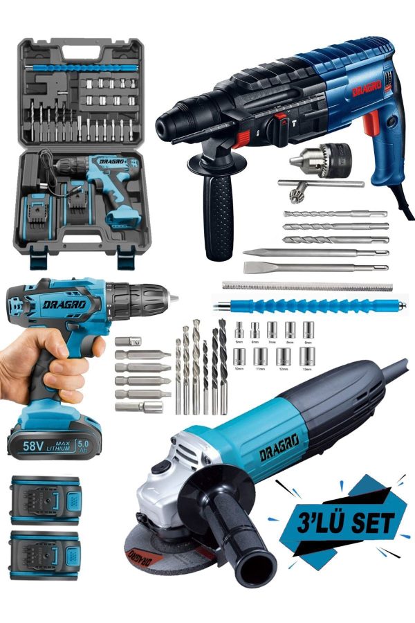 DRAGRO Alman Pro 3 Lü Set 3000 W Taşlama-4200 W Kırıcı Delici Hilti-58 V Setli Şarjlı Matkap