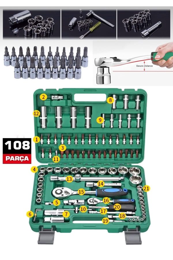 SCHUTZENGER Profesyonel 108 Parça Çok Fonksiyonlu 1/2 Ve 1/4 Cırcırlı Lokma Anahtar Takımı Bits Uç Krom Çelik