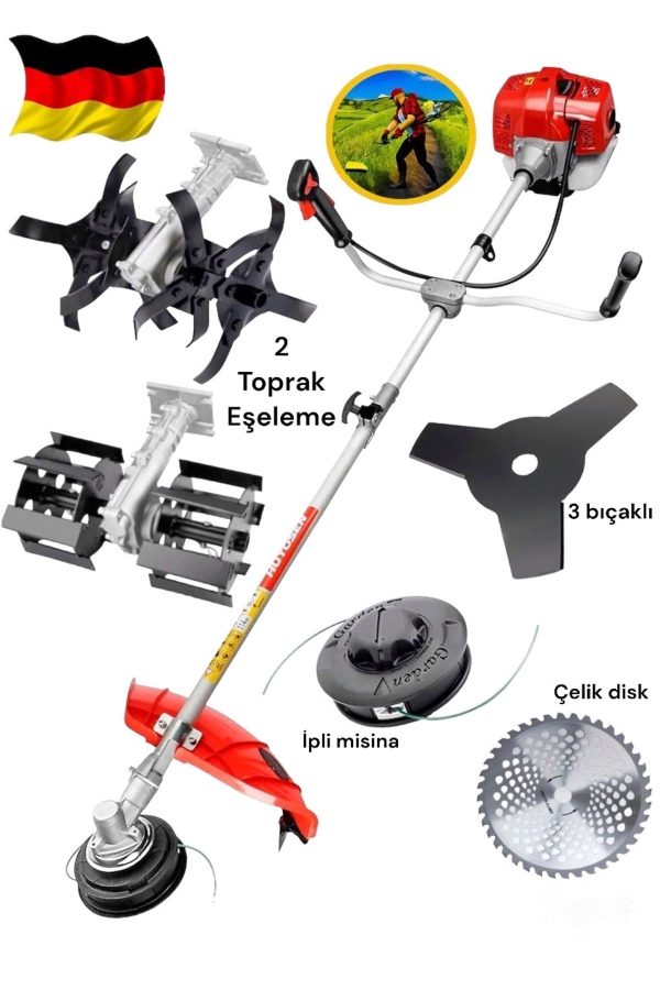 SCHUTZENGER GERMAN 11 HP Yan Tipi Benzinli Ot Çalı Tırpanı Çim Biçme Makinasi Tırpan 5 KAFA Çapalama Aparatı