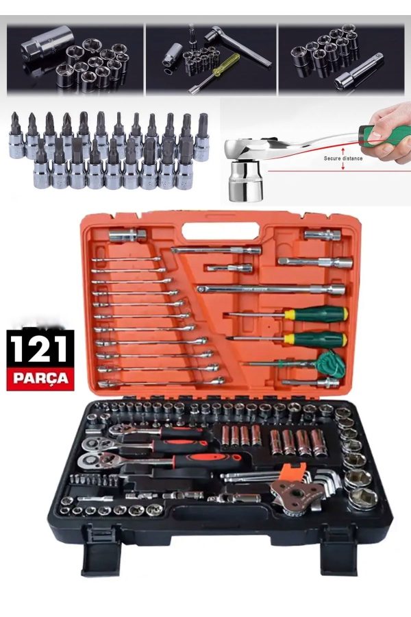 SCHUTZENGER Profesyonel 121 Parça Mekanik Krom Çelik Premium Kalite 121 Parça Lokma Takımı 1/2-1/4-3/8 Full Set