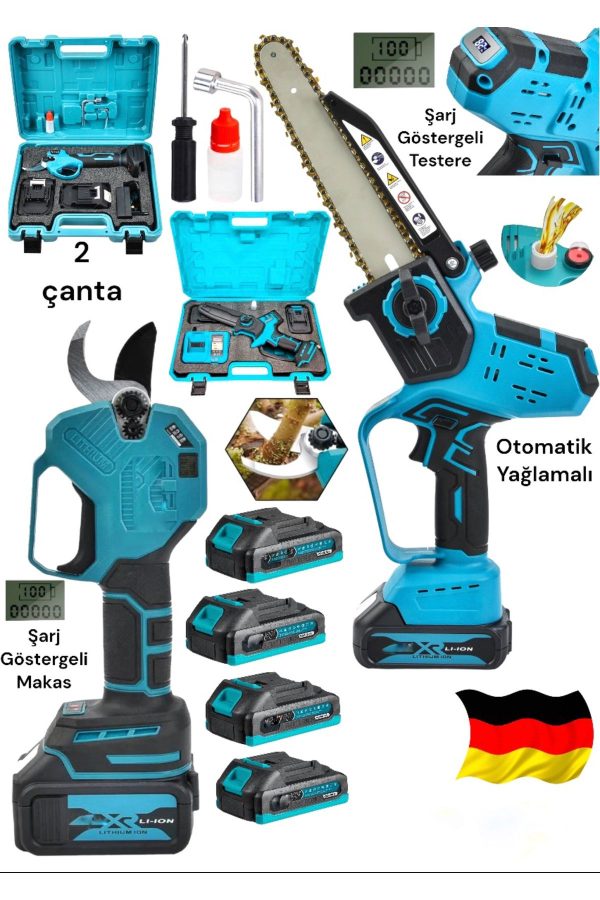 SCHUTZENGER 987V Şarjlı 4 Akülü Şarj Göstergeli Ağaç Dal Budama Bağ Makası otomatik Yağlamalı Dal budama Testere