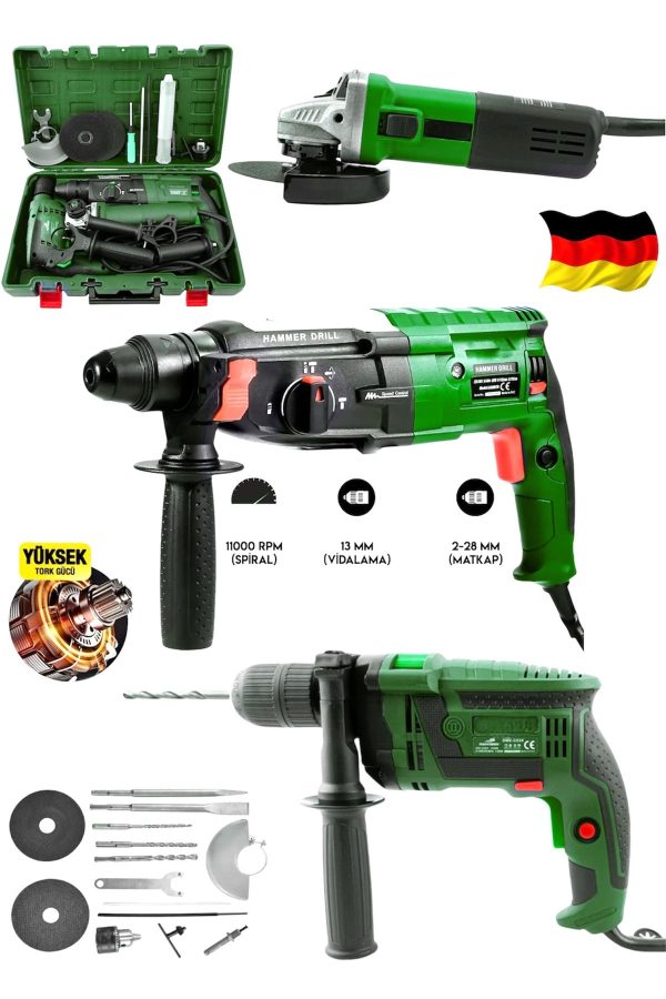 SCHUTZENGER Profesyonel 3700F 3'Lü Set 2-28 Hilti Matkap + 13 MM Darbeli Matkap Vidalama + 115 mm Taşlama Spiral