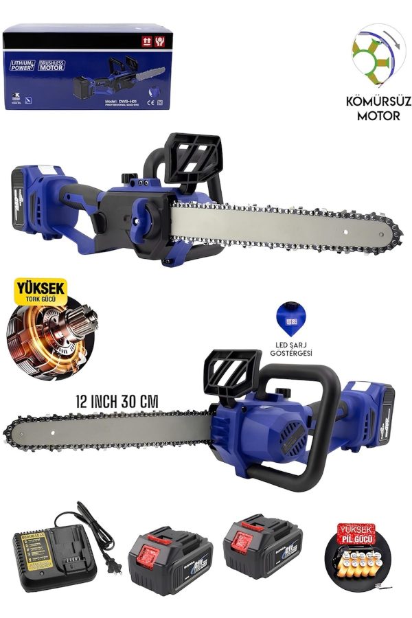 SCHUTZENGER GERMANY ÇOK Güçlü Çift Akülü Şarjlı Testere Ağaç Odun Dal Kesme Motoru Hızar 30 Cm Pala Boyu BLUE - Görsel 2