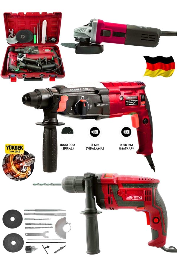 SCHUTZENGER Profesyonel 3800F 3'Lü Set 2-28 Hilti Matkap + 13 MM Darbeli Matkap Vidalama + 115 mm Taşlama Spiral