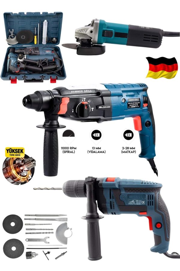 SCHUTZENGER Profesyonel 3900F 3'Lü Set 2-28 Hilti Matkap + 13 MM Darbeli Matkap Vidalama + 115 mm Taşlama Spiral