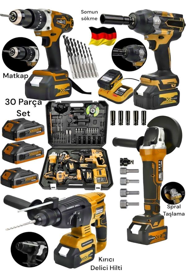 SCHUTZENGER 4'lü Set 2-26 Şarjlı Hilti-şarjlı Taşlama-13mm Şarjlı Darbeli Matkap-şarjlı Somun Sıkma Makina Uçlar