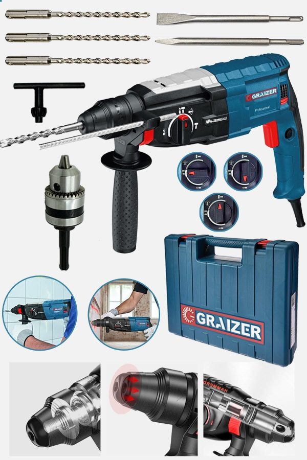 Graizer Alman 3000 W Bakir Sargili Kırıcı Delici Hilti Matkap Metal Şanzumanlı + 5 Adet Uç Yedek Mandren Gri