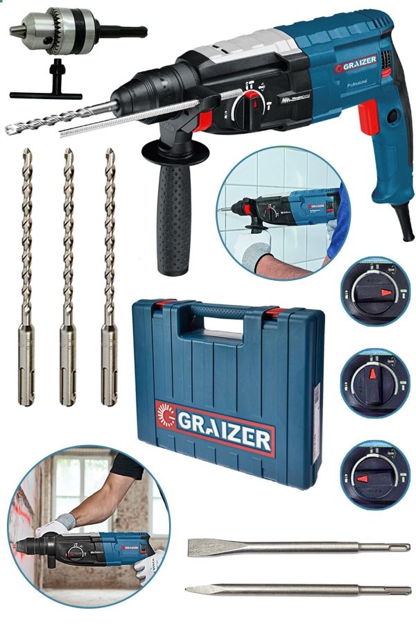 Graizer Alman 3000 W Bakir Sargili Kırıcı Delici Hilti Matkap Metal Şanzumanlı + 5 Adet Uç Yedek Mandren Gri - Görsel 3