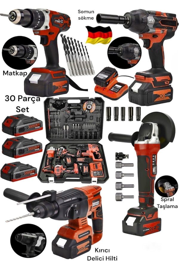 SCHUTZENGER 4'lü Set 2-26 Şarjlı Hilti-şarjlı Taşlama-13mm Şarjlı Darbeli Matkap-şarjlı Somun Sıkma Makina Uçlar