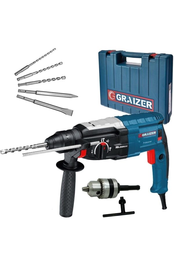 Graizer Alman 3000 Watt Kırıcı Delici 5.0 Joul Sjs Metal Dişli Şanzuman Hilti Darbeli Matkap + 5 Uç 28mm-gri