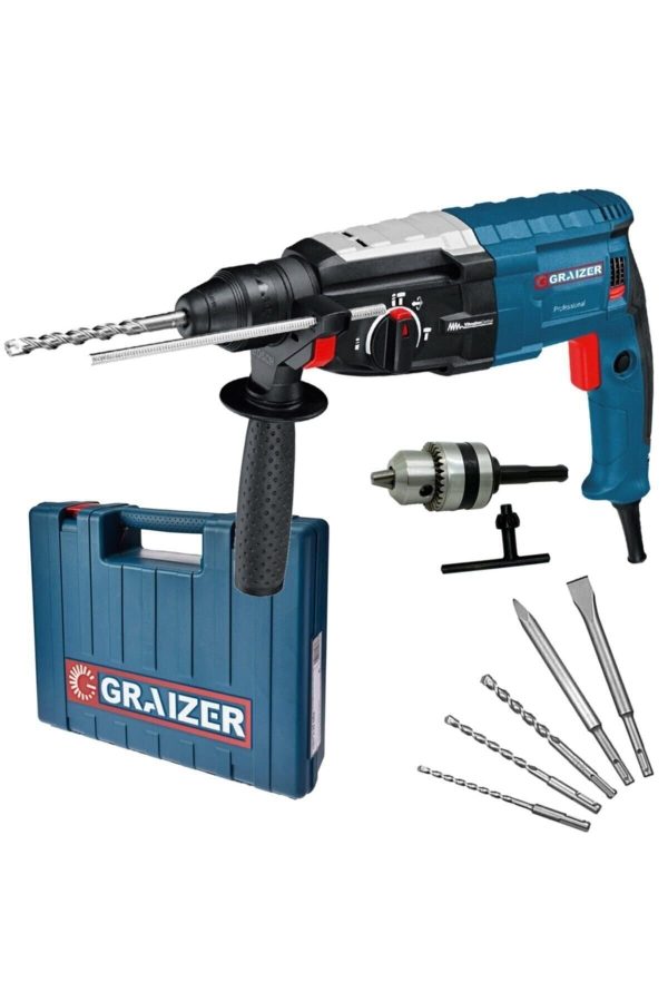 Graizer Alman 3000 Watt Kırıcı Delici 5.0 Joul Sjs Metal Dişli Şanzuman Hilti Darbeli Matkap + 5 Uç 28mm-gri - Görsel 2