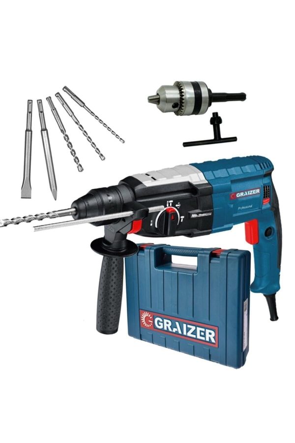 Graizer Alman 3000 Watt Kırıcı Delici 5.0 Joul Sjs Metal Dişli Şanzuman Hilti Darbeli Matkap + 5 Uç 28mm-gri - Görsel 3