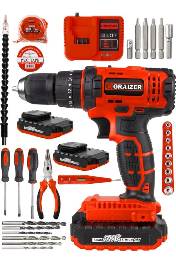 Graizer Alman Technology 58 V 5 Ah Darbeli Çift Akülü Şarjlı Vidalama Matkap 32 Parça Hobi Set