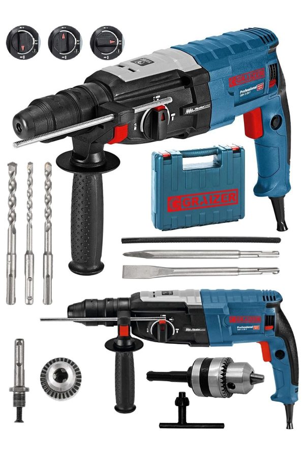 Graizer Gri Alman 3000 Watt Kırıcı Delici 5.0 J Sjs Metal Dişli Şanzuman Hilti Darbeli Matkap + 5 Uç 28 mm - Görsel 2