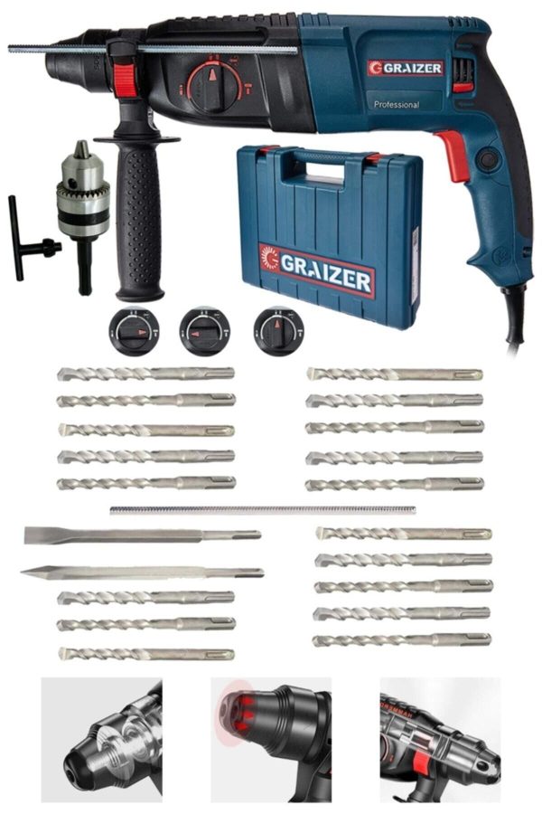 Graizer Alman 3000 Watt Kırıcı Delici Hilti Matkap Metal Şanzumanlı ++ 20 Adet Uç ++yedek Mandren - Görsel 2