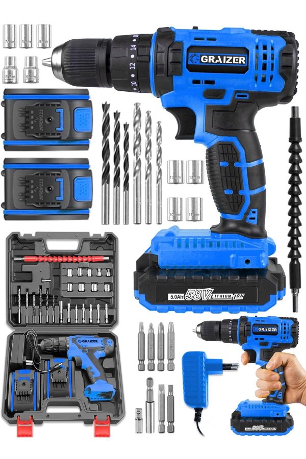 Graizer Alman G-r-z 58 V 5 Ah Darbeli Bakır Sargili Çelik Şanzuman Şarjlı Çift Akülü Vidalama Matkap - Görsel 2