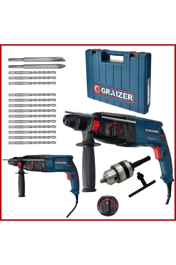 Graizer Alman G-3000 Watt 5.0 Joul Metal Dişli Hilti Darbeli Matkap + Yedek Mandren + 15 Uç Kırıcı Delici