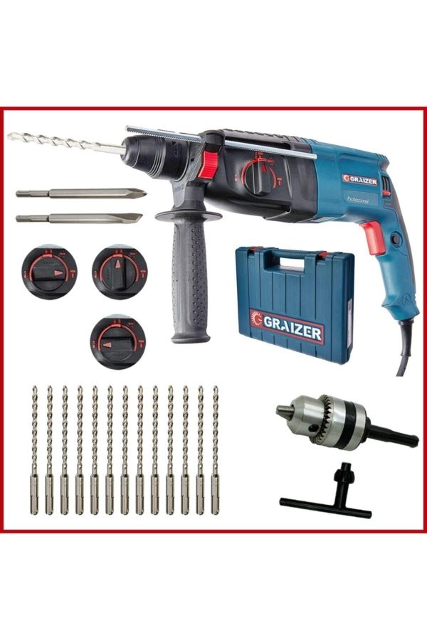 Graizer Alman 3000 Watt Kırıcı Delici Sjs Metal Dişli Şanzuman Hilti Darbeli Matkap + Yedek Mandren + 15 Uç - Görsel 2