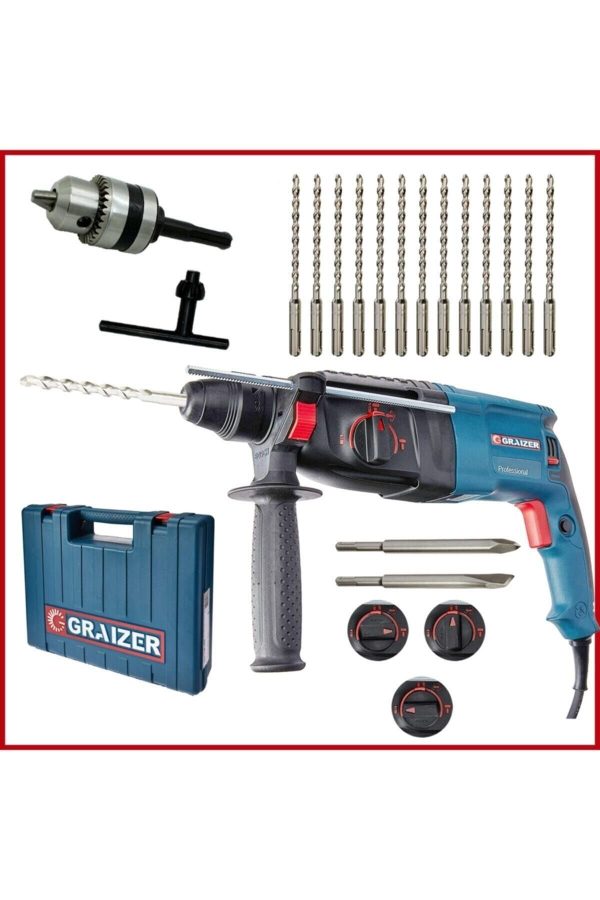 Graizer Alman 3000 Watt Kırıcı Delici Sjs Metal Dişli Şanzuman Hilti Darbeli Matkap + Yedek Mandren + 15 Uç - Görsel 3