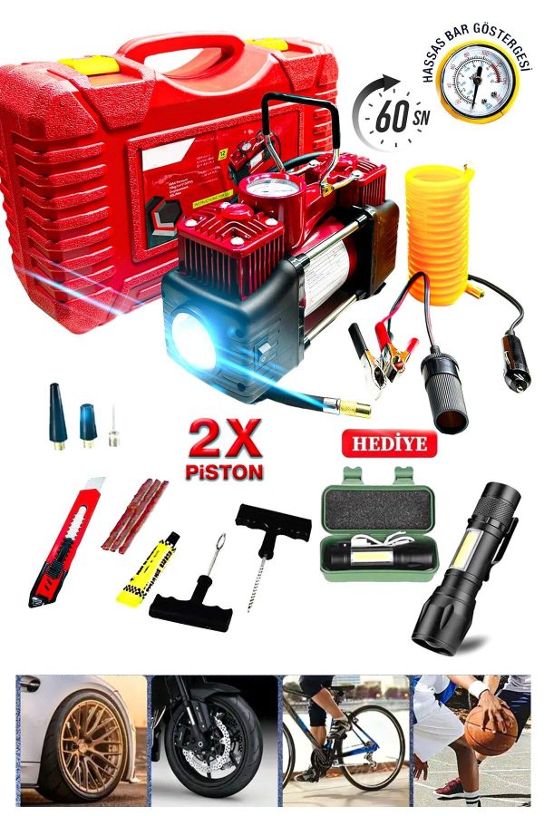 12V 150PSI  Ağır Hizmet Çift SilindirliÇantalı  Oto Kamyon Lastik Şişirme hava kompresörü Kit Set - Görsel 2