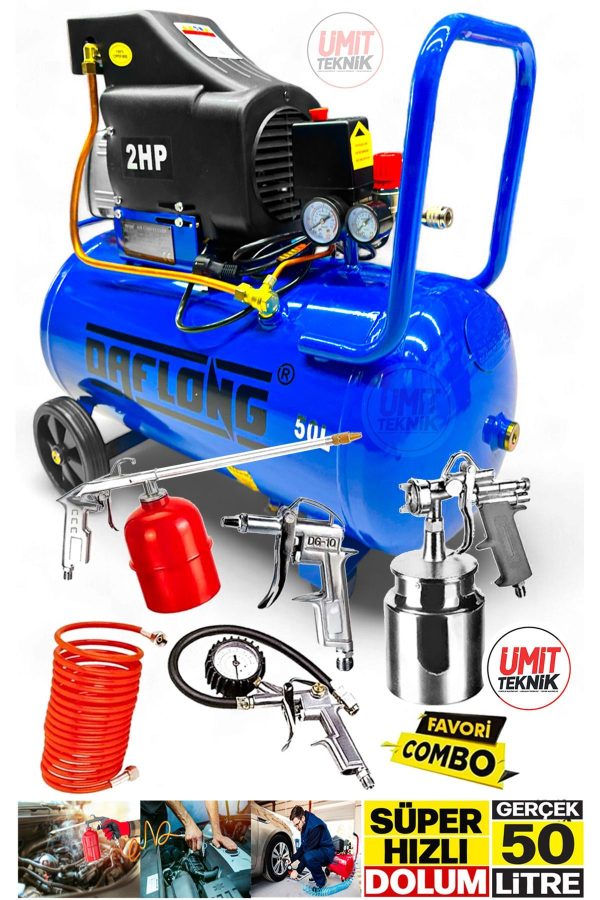 Süper Hızlı 2HP 50Lt Full Paket Hava Kompresörü Boya,Lastik ŞişirmeTemizleme 5PCS Havalı Kit