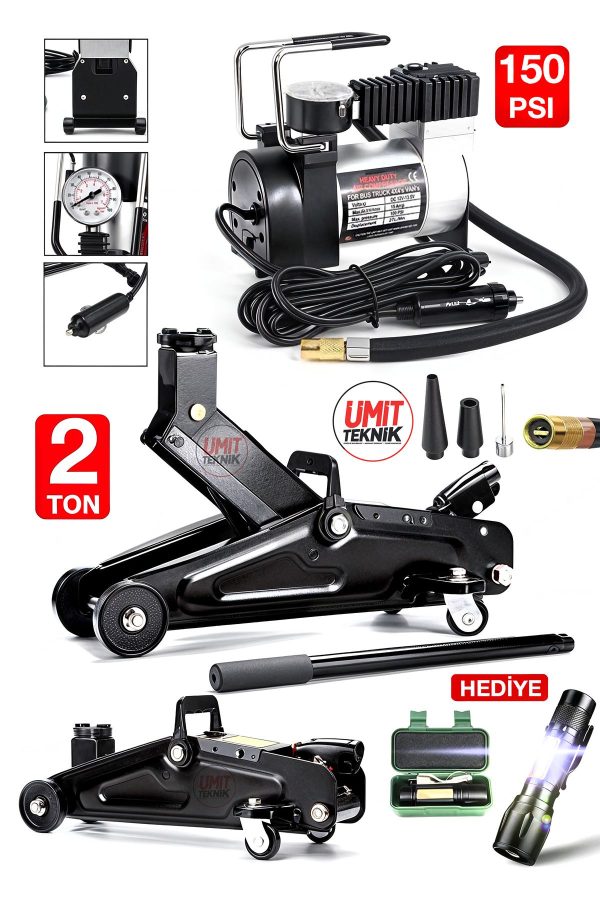 Hidrolik 2 Ton Premium Arabalı Tekerlekli Kriko - 150PSI Metal Gövde Lastik,Top Balon Şişirme Set