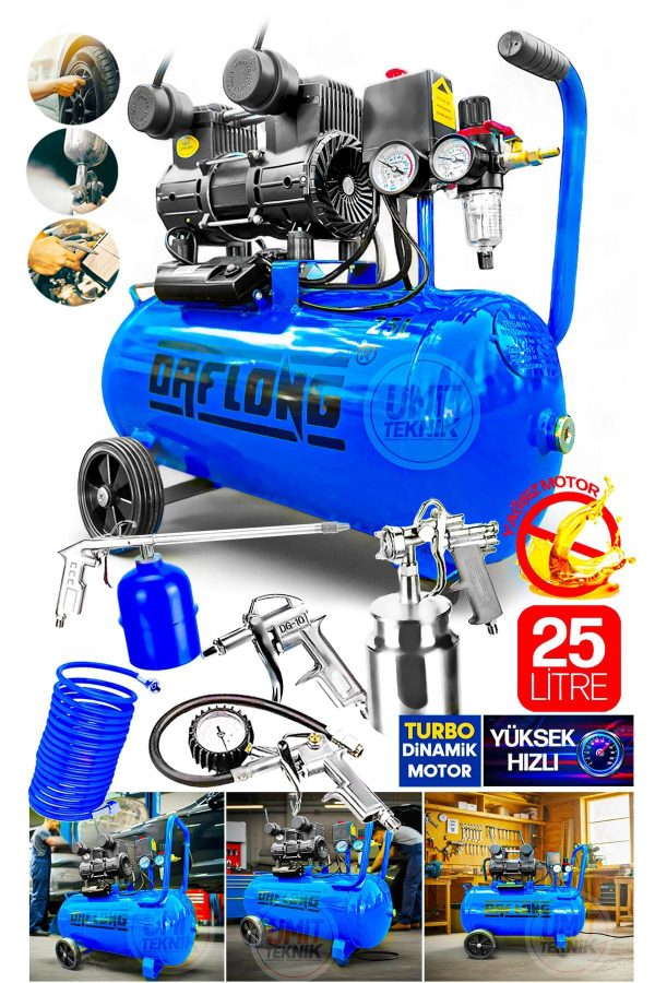 Bakır Sargı Turbo 24LİTRE Yağsız Motor Süper Hızlı Dolum Hava Kompresörü 5li Havalı Set - Görsel 4