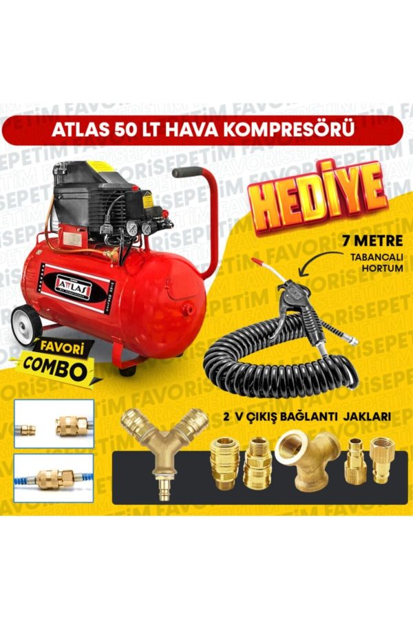 50 Litre Hava Kompresörü 2hp 8bar 15mt Spiral Hortum Havatabancası- Jakları Full- Fırsat Paket - Görsel 2