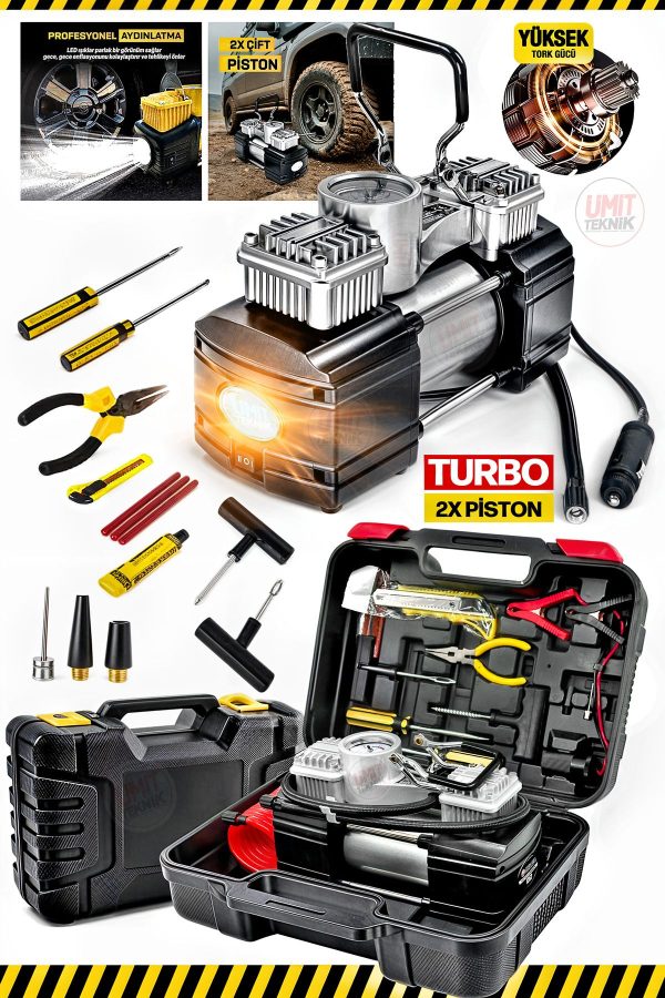 4x4 Turbo Yeni Nesil Motor Çift Pistonlu 12V 150 Psi  Araç Lastik Bot Şişirme Kompresörü Pense Set