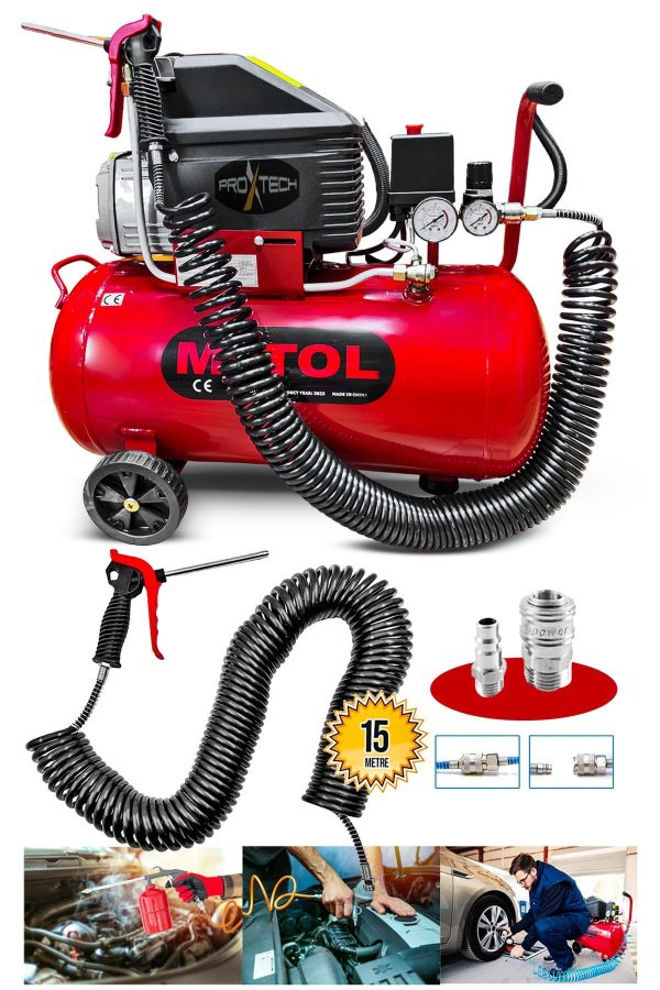 En Çok Tercih Edilen 2HP 50 Litre 8Bar Boya ,Lastik Hava Kompresörü 15Mt Spiral Hortum Stoper Kit