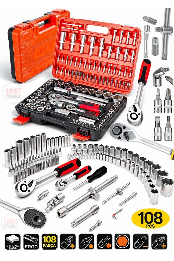 Valiz Çanta Cr-V Çeliği  108 Parça  1/2 Ve 1/4 Torx Cırcırlı Lokma Anahtar Takımı Bits Uç Full Set