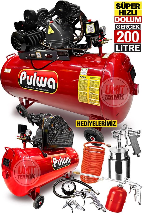 Bakır Sargı 200 Litre 8 bar/ 3hp Hızlı Dolum Çift Pistonlu  Yağlı Sesli Kompresör havalı Set