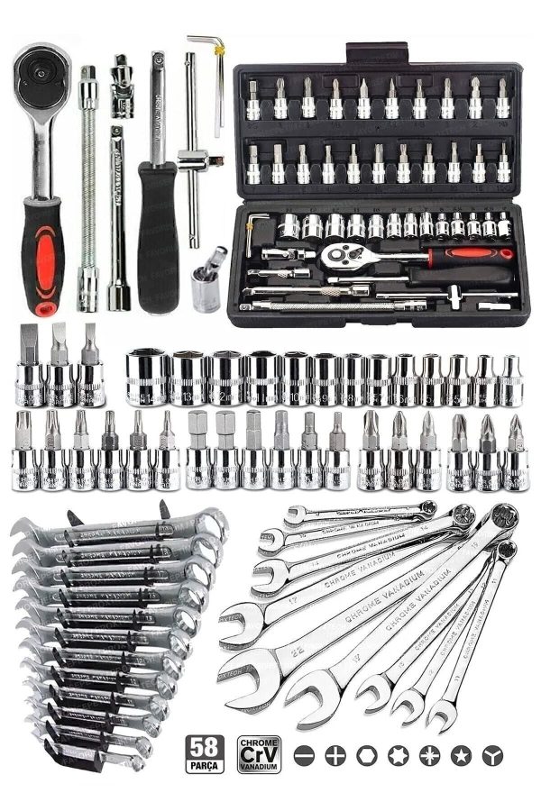 58 Parça 46mini Lokma Takımı Otomatik Cırcırlı 1/4" 12 Parça Kombine Açık Ağız-yıldız Anahtar Takım