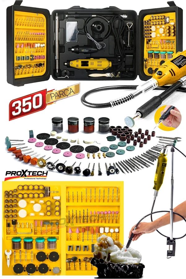 Premium Seri 350 Parça Çift Makinalı Çok Fonksiyonlu Gravür Oyma Dremel Taşlama Zımpara Kesme  Kit