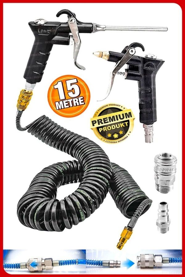 Havalı 15 Metre Kompresör Spiral Hava Hortumu 8 Mm 15 Mt Hava Jakı Hava Tabancası Recor Paket