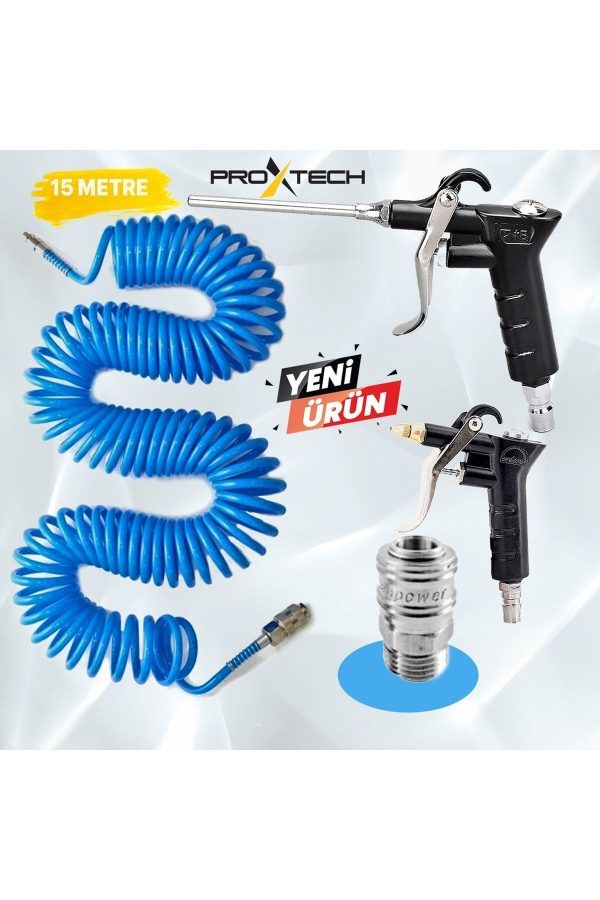 Kompresör Spiral Hava Hortumu 8 mm 15 m Hava Jakı Hava Tabancası Recor 3 Pcs Seti - Görsel 2