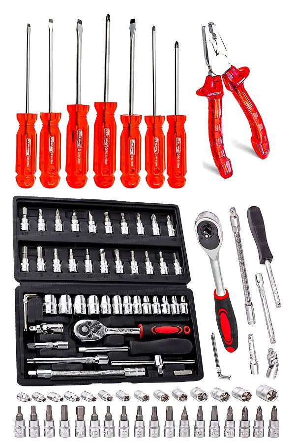 Asetat saplı 7parça Pro Tornavida Takım 46Parça Cırcır Lokma Takımı Otomatik Cırcırlı 1/4" Paket Set