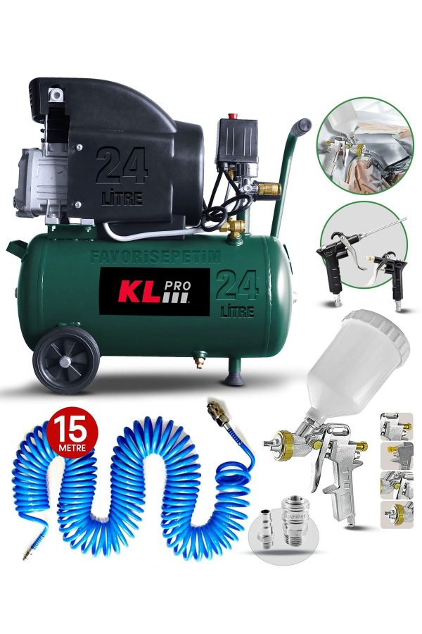 24 Litre Çift Hava Çıkışlı 2 Hp 8 Bar 116 Psi Klk25 Hava Kompresörü+ 15mt Horum + Boya Tabancası Set