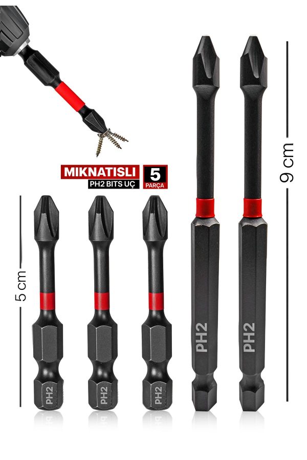 Profesyonel Mıknatıslı Bits Uç Matkap Ucu Tornavida Ucu Vidalama Ucu Ph2-90mm-50mm  (5ADET)