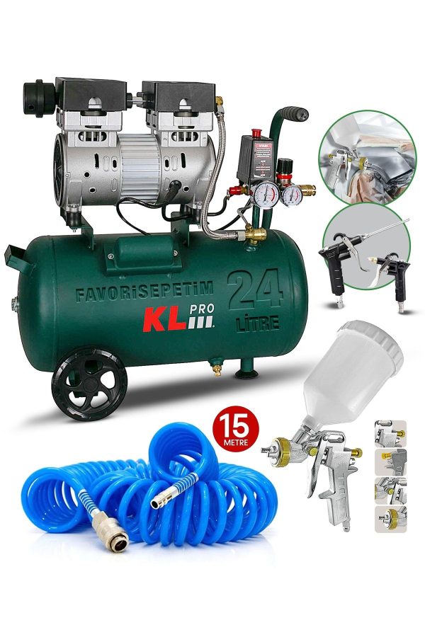 Profesyonel Klk25s Sessiz Hava Kompresörü 1 Hp 24litre 8 Bar + 15mt Horum+ Boya Tabancası Boya Kit