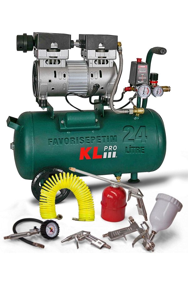 Profesyonel 2silindir Yağsız 1hp 24litre 8 Bar Klk25s Sessiz Hava Kompresörü 5 Parça Havalı Kit.