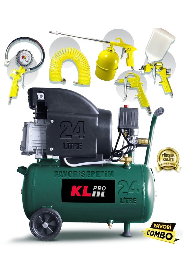 Profesyonel 24 Litre Çift Hava Çıkışlı 2 Hp 8 Bar 116psi Klk25 Hava Kompresörü 5 Parça Havalı Set