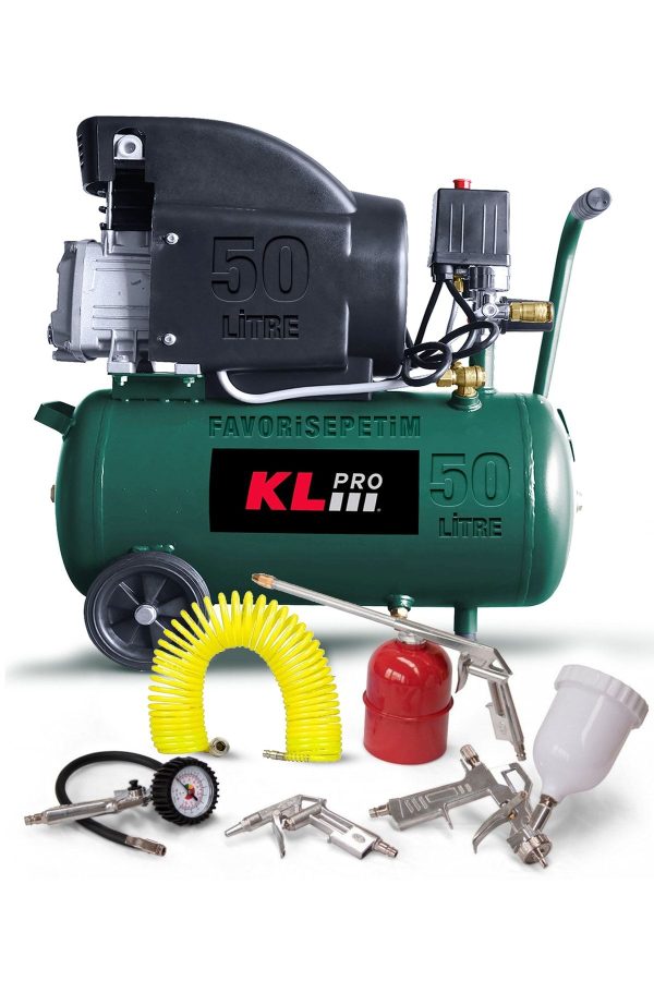 50 Litre Profesyonel Çift Hava Çıkışlı 2 Hp 8 Bar 116psi Klk50 Hava Kompresörü + 5 Parça Havalı Kit