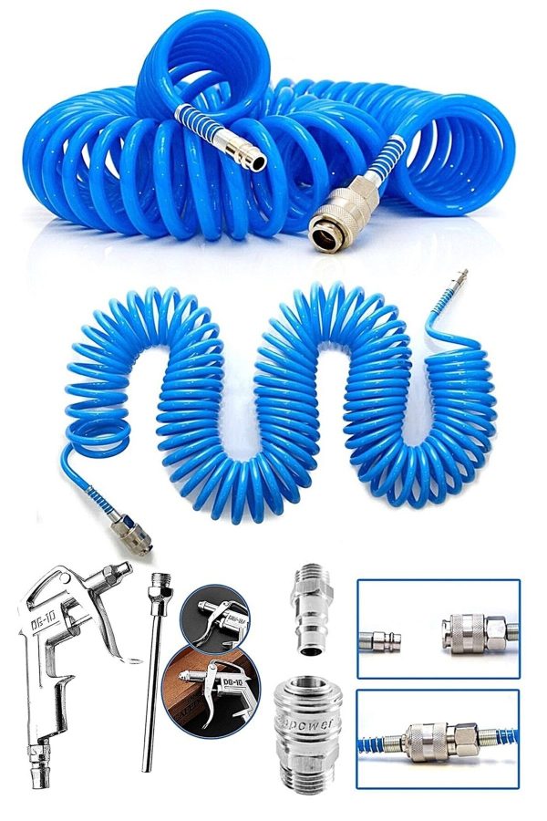 15 Metre Kompresör Spiral Hava Hortumu 8 Mm 15 Mt Hava Jakı Hava Tabancası Recor Paket