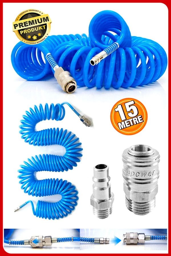 Havalı Yüksek Kalite Kompresör Spiral Hava Hortumu 8 Mm 15 Metre Hava Jakı Kompresör Recor Seti