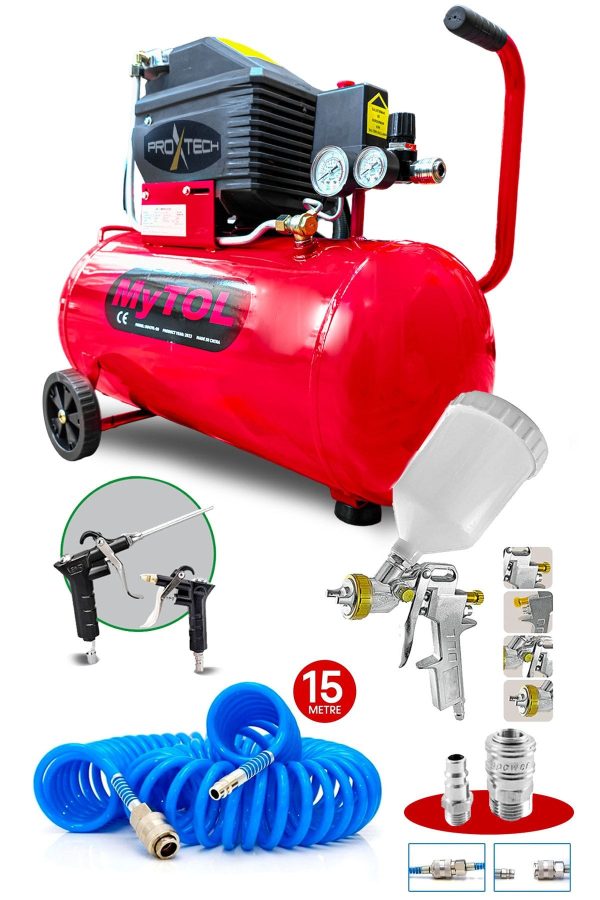 En Çok Tercih Edilen 2HP 50 Litre 8Bar Hava Kompresörü Boya Tabancası ,15Mt Spiral Hortum Boya Set